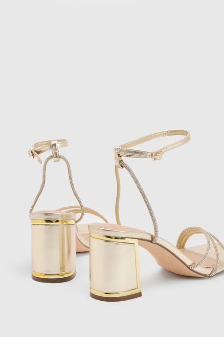 Tabs Faux Metallic Leather Strappy High Block Heel Sandals - Image 4