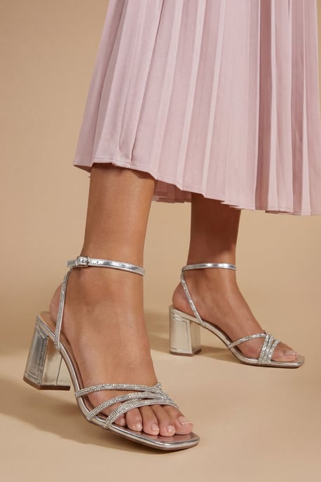 Tabs Faux Metallic Leather Strappy High Block Heel Sandals - Image 1