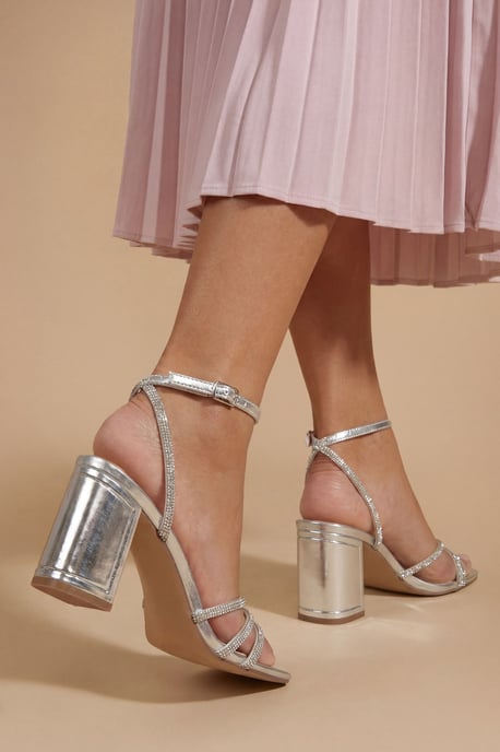 Tabs Faux Metallic Leather Strappy High Block Heel Sandals - Image 2