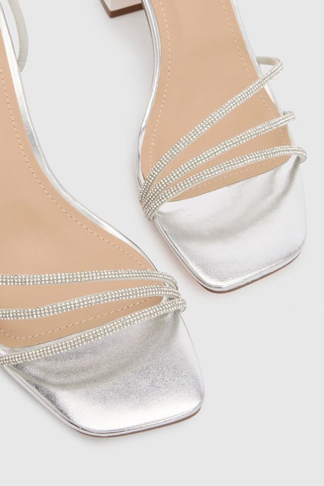 Tabs Faux Metallic Leather Strappy High Block Heel Sandals - Image 5