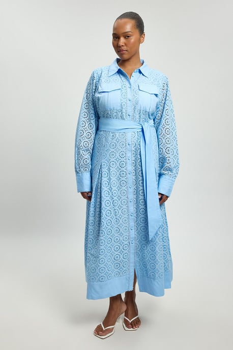 Plus Size Cotton Broderie Belted Shirt Dress - Image 1