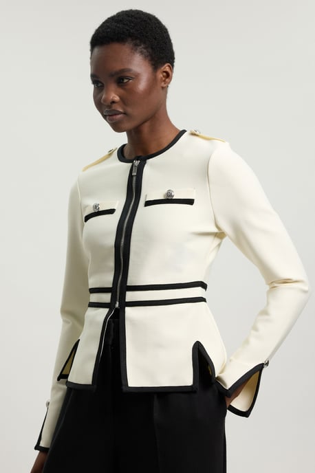 Petite Figure Form Bandage Military Contrast Piping Knit Split Hem Jacket - Image 2
