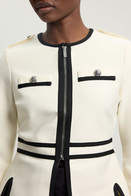 Petite Figure Form Bandage Military Contrast Piping Knit Split Hem Jacket - Image 3