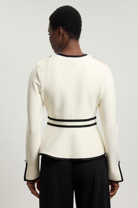Petite Figure Form Bandage Military Contrast Piping Knit Split Hem Jacket - Image 4