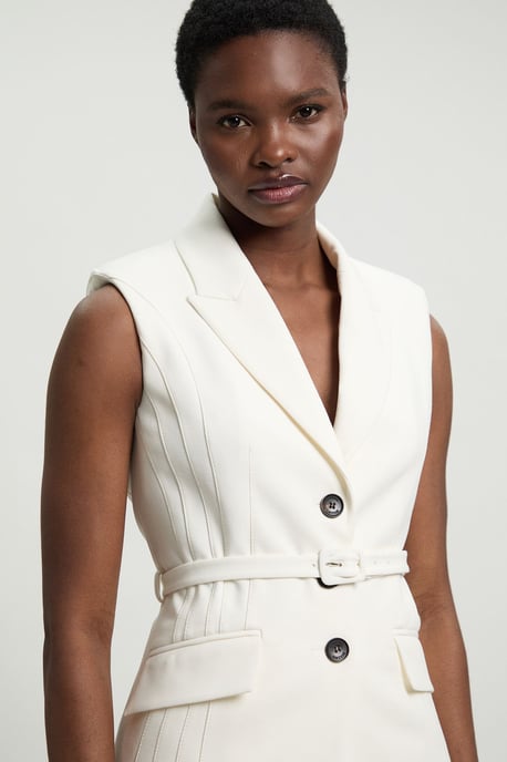 Tailored Structured Crepe Belted Sleeveless Blazer - Image 1