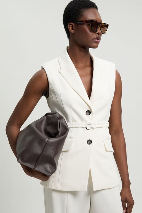 Tailored Structured Crepe Belted Sleeveless Blazer - Image 2
