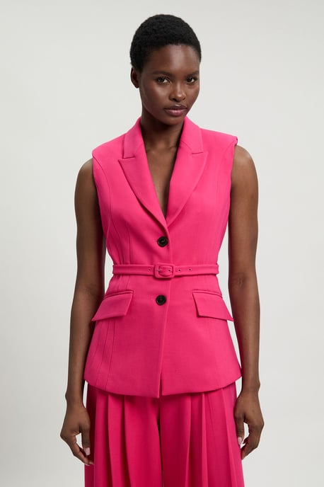 Tailored Structured Crepe Belted Sleeveless Blazer - Image 1