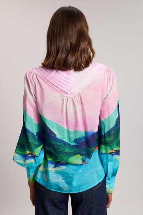 Silk Cotton Scenic Print Balloon Sleeve Woven Pintuck Blouse - Image 2