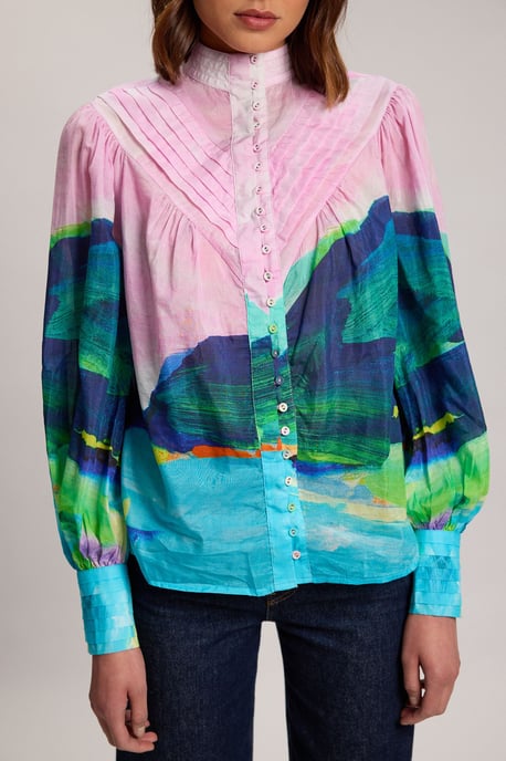 Silk Cotton Scenic Print Balloon Sleeve Woven Pintuck Blouse - Image 3
