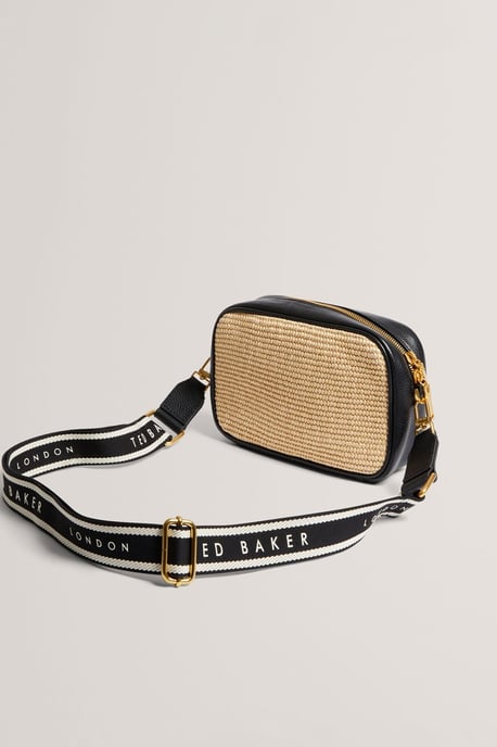 BARDAS Webbing Faux Raffia Camera Crossbody Bag Black - Image 3