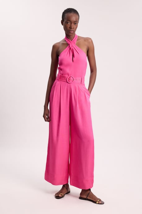 Premium Viscose Linen Cross Front Halter Belted Woven Wide Leg Jumpsuit - Image 1