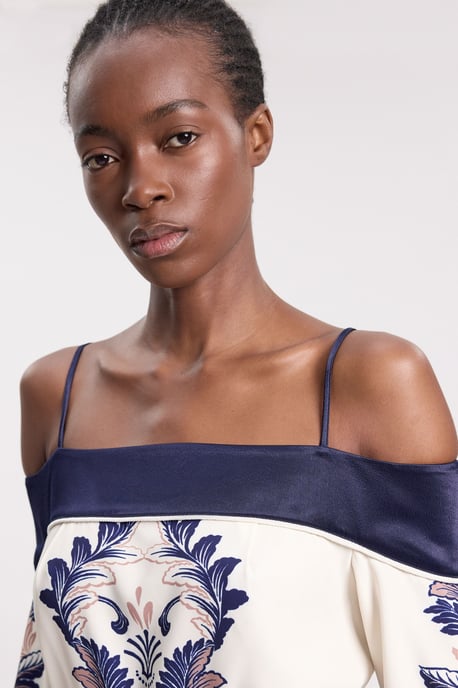 Scarf Print Belted Woven Bardot Top - Image 3