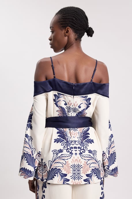 Scarf Print Belted Woven Bardot Top - Image 4