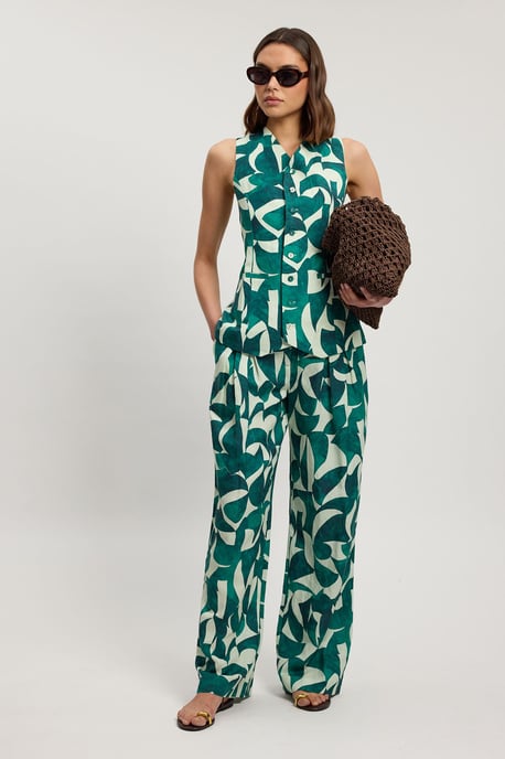 Petite Linen geo print pleat and pocket detail woven straight leg trouser - Image 4