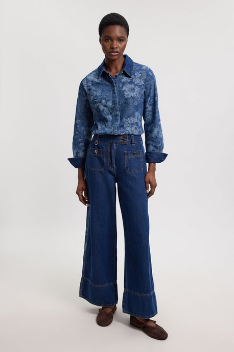 Denim & Jacquard Contrast Wide Leg Jean - Image 1