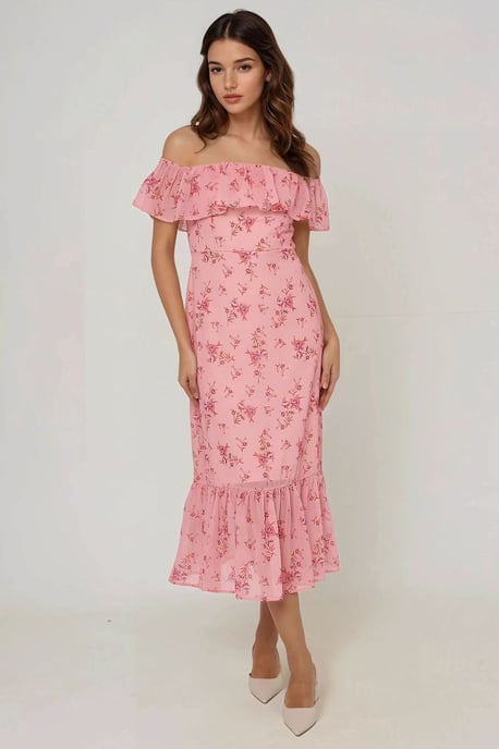 Off-shoulder bloemenpatroon bodycon midi-jurk - Image 1