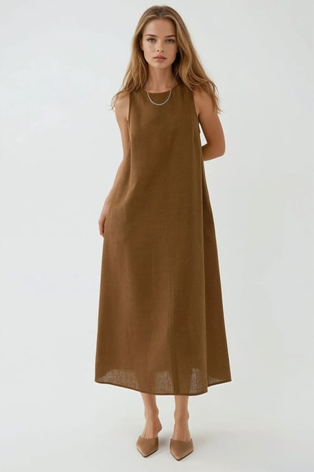Linnen Voel Mouwloze Crew Neck Midi Jurk - Image 2