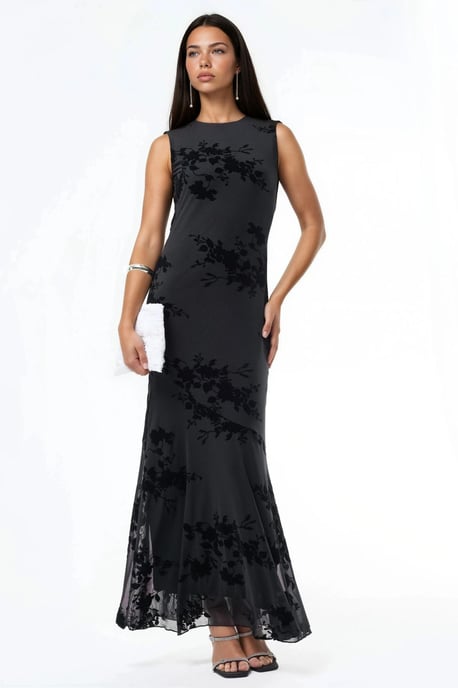 Bloemrijke Flocked Print Tulle Maxi Jurk - Image 1