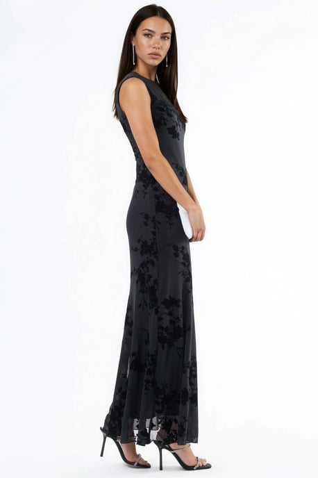 Bloemrijke Flocked Print Tulle Maxi Jurk - Image 4