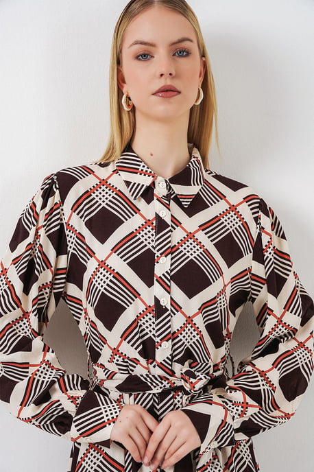 Plaid Midi Shirt Dress with Button Closure - Image 2
