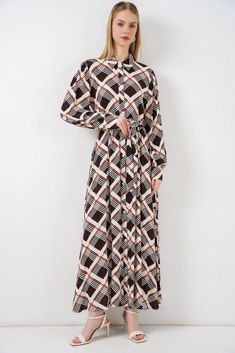 Plaid Midi Shirt Dress with Button Closure - Image 3