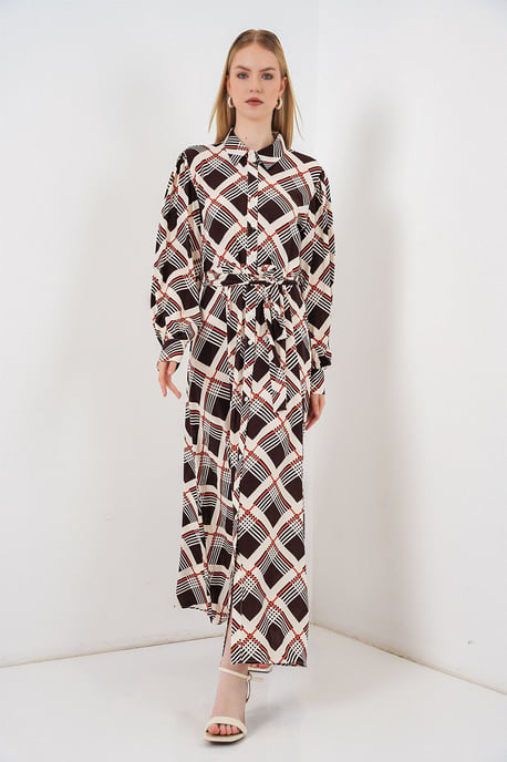 Plaid Midi Shirt Dress with Button Closure - Image 4
