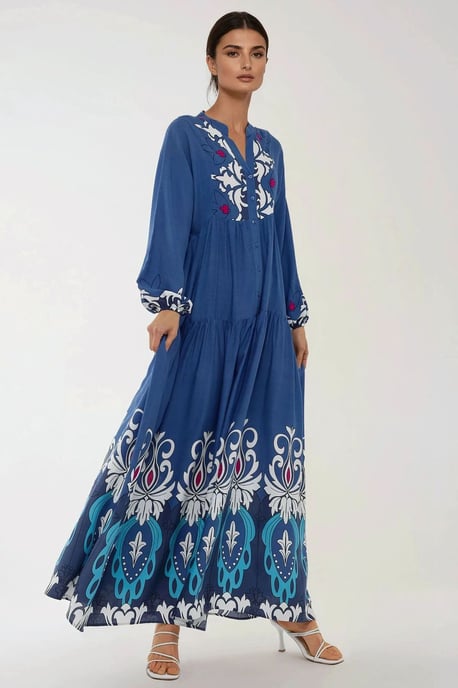 Gedrukte Lange Mouwen Viscose Maxi Jurk - Image 5