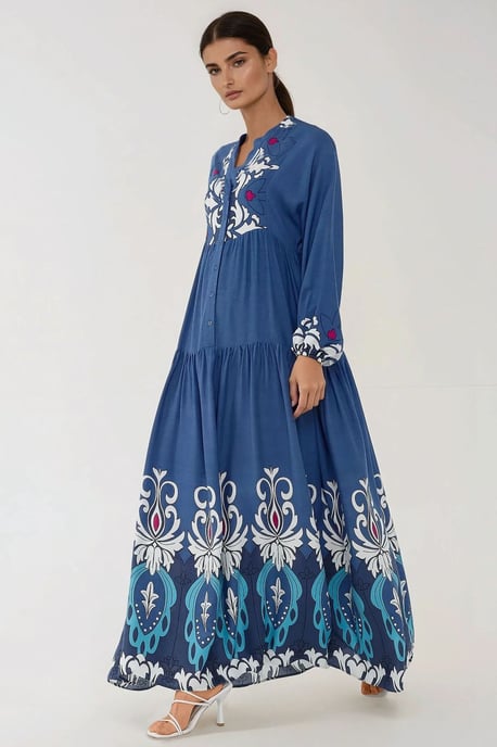 Gedrukte Lange Mouwen Viscose Maxi Jurk - Image 6