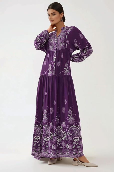 Gedrukte Lange Mouwen Viscose Maxi Jurk - Image 2