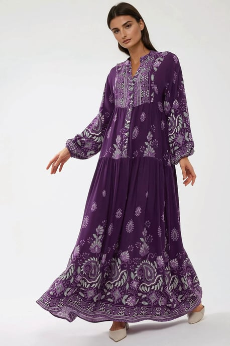 Gedrukte Lange Mouwen Viscose Maxi Jurk - Image 4