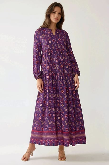 Geprinte V-hals Maxi-jurk met Knopen - Image 2