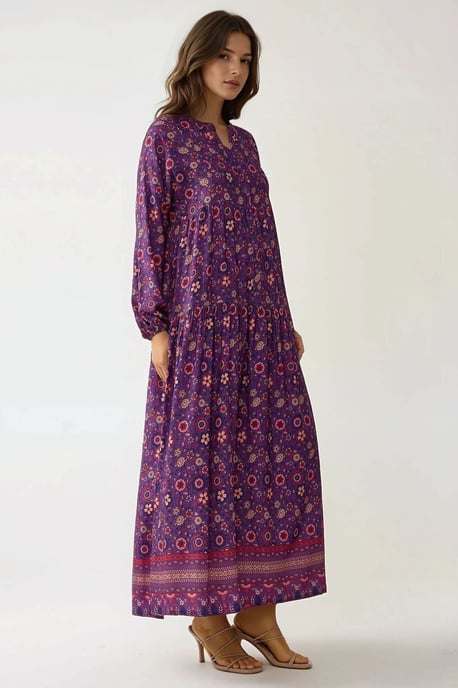 Geprinte V-hals Maxi-jurk met Knopen - Image 3