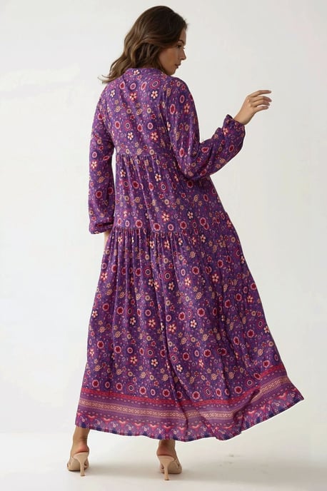 Geprinte V-hals Maxi-jurk met Knopen - Image 6