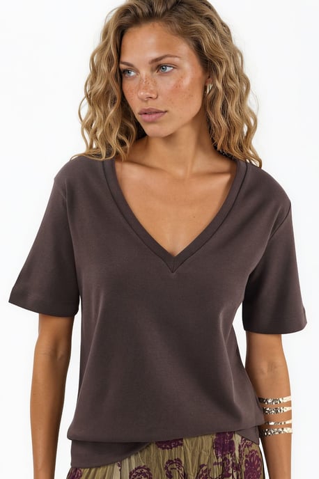 V-hals Effen Regular Fit Katoenen T-shirt - Image 1