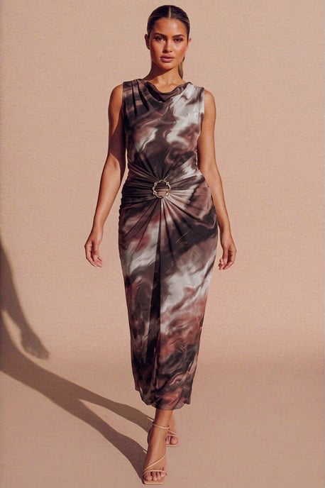 Marble Print Ring Detail Ruched Maxi Dress - Lila - Image 1