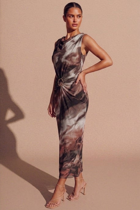 Marble Print Ring Detail Ruched Maxi Dress - Lila - Image 3