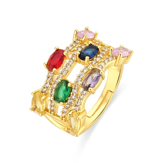Luxenter ring in metaallegering en multicolor zirkonia, afgewerkt in 18 karaat geelgoud - Rieu - Image 1