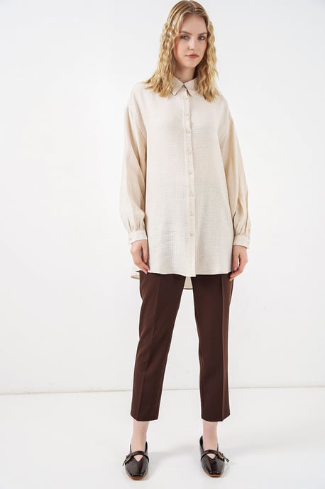 Oversized Textuur Lange Blouse met Shirtkraag - Image 2