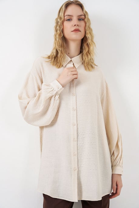 Oversized Textuur Lange Blouse met Shirtkraag - Image 3