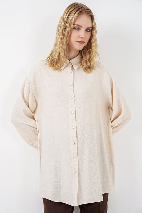 Oversized Textuur Lange Blouse met Shirtkraag - Image 4