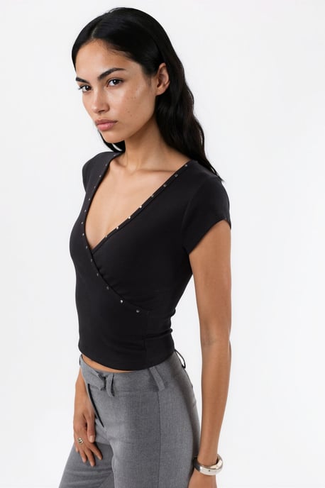 V-ringad ribbad slim fit-blus - Image 4