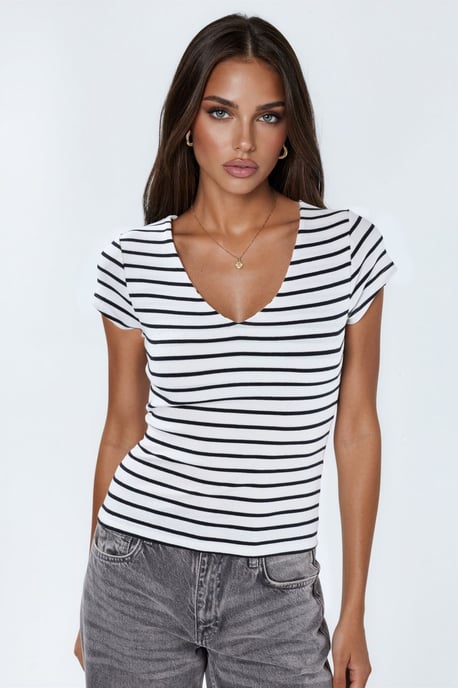 V-hals Gestreepte Katoenmix Blouse - Image 2