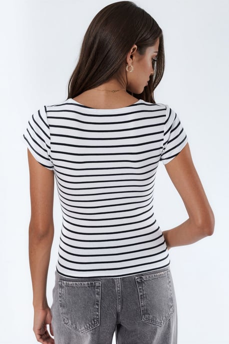 V-hals Gestreepte Katoenmix Blouse - Image 4
