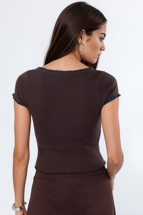 Slim Fit U-Hals Geribde Blouse - Image 4