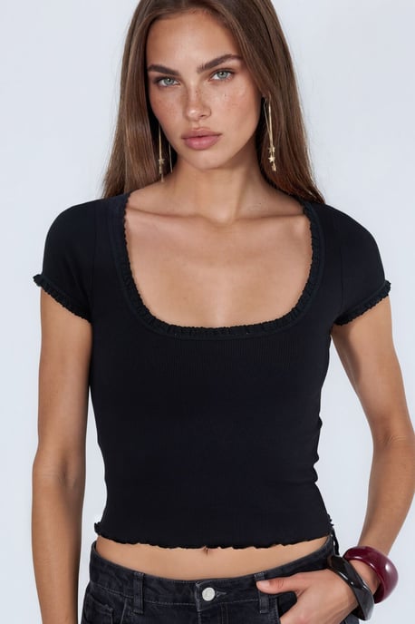 Slim Fit U-Hals Geribde Blouse - Image 1