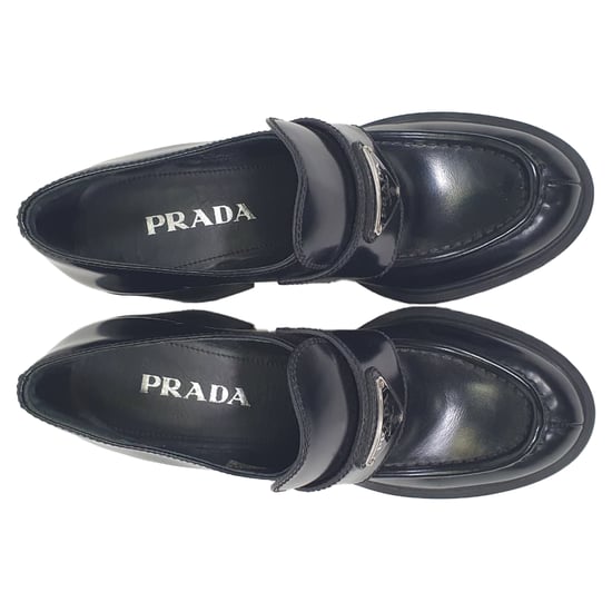 Prada Chocolade Hoge Hakken Instappers in Zwarte Leer - Image 5