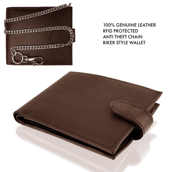 Men’s Genuine Leather RFID Biker Wallet with Chain, Coin Pocket & Card Slots in Brown - Image 3