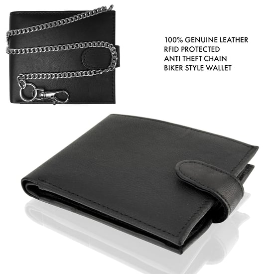 Men’s Genuine Leather RFID Biker Wallet with Chain, Coin Pocket & Card Slots in Black - Image 3