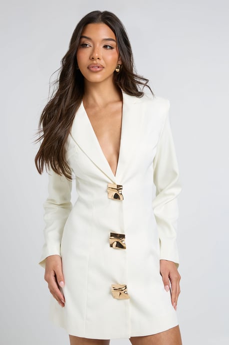 Gold Button Fitted Tailored Blazer Dress - Image 4