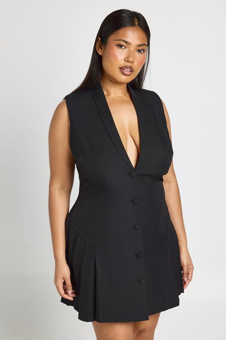 Plus Tailored Pleated Skater Sleeveless Blazer Dress - Image 1
